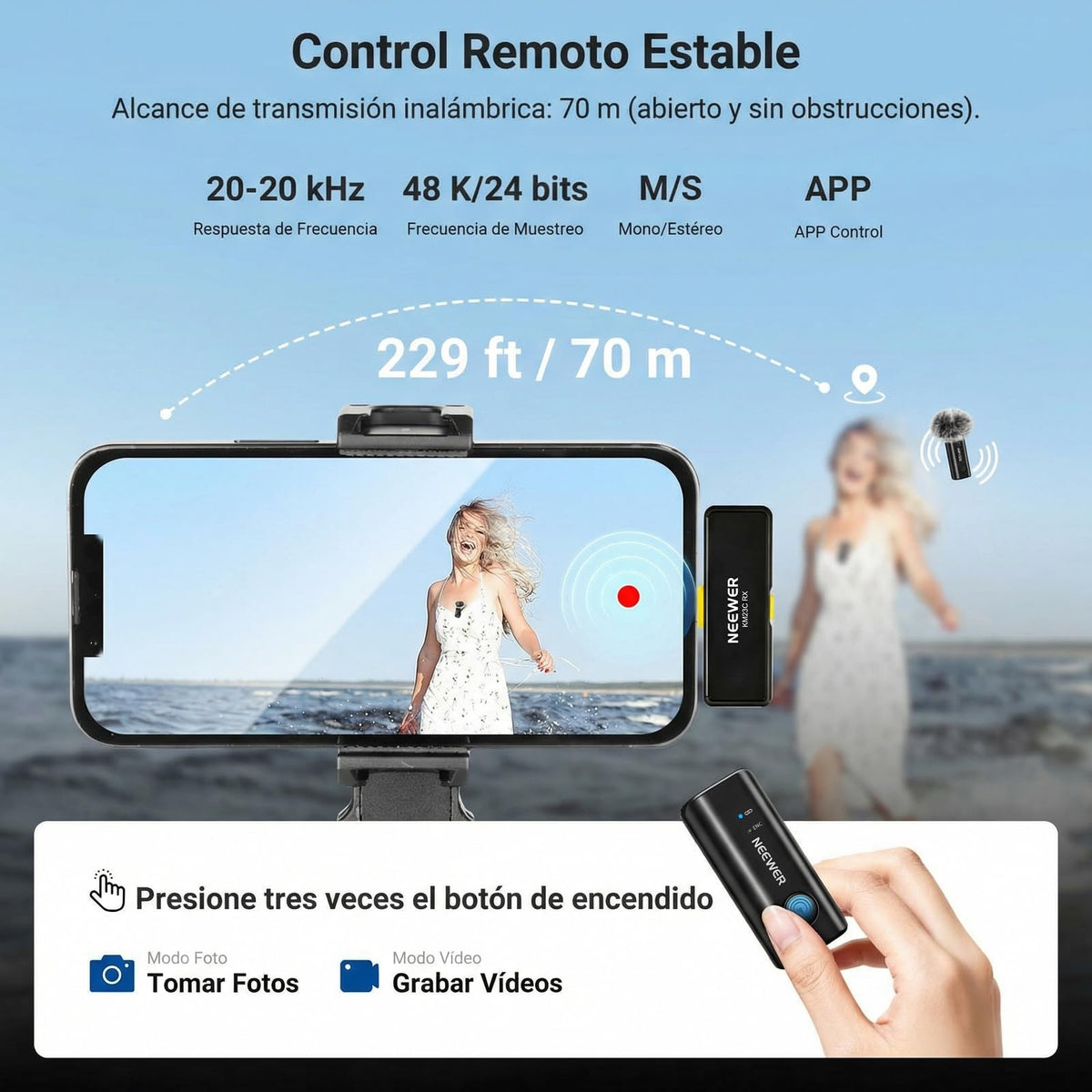 Micrófono Solapa Inalámbrico NEEWER KM23C Negro AI Cancelación de Ruido 70m Alcance