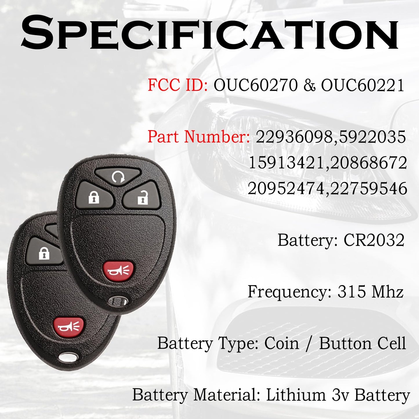 SUPALAND - Llave de repuesto para mando a distancia sin llave, compatible con Chevy Silverado Avalanche Equinox Express Traverse GMC Yukon Sierra 1500 2500 3500 HD Acadia 2007 2008 2009 2010 2011 2012