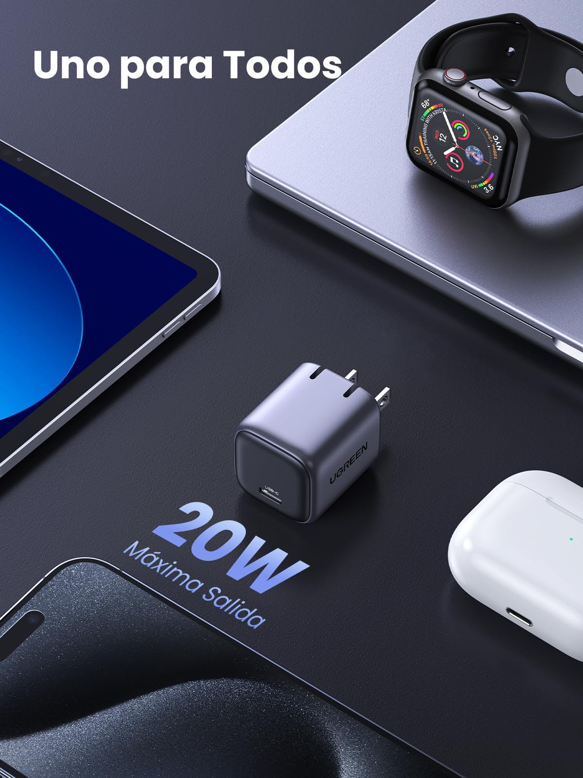 Cargador USB C GAN UGREEN Nexode Blanco 20W Carga Rápida PD Tipo C para iPhone, Galaxy, iPad Pro, Xiaomi, Huawei