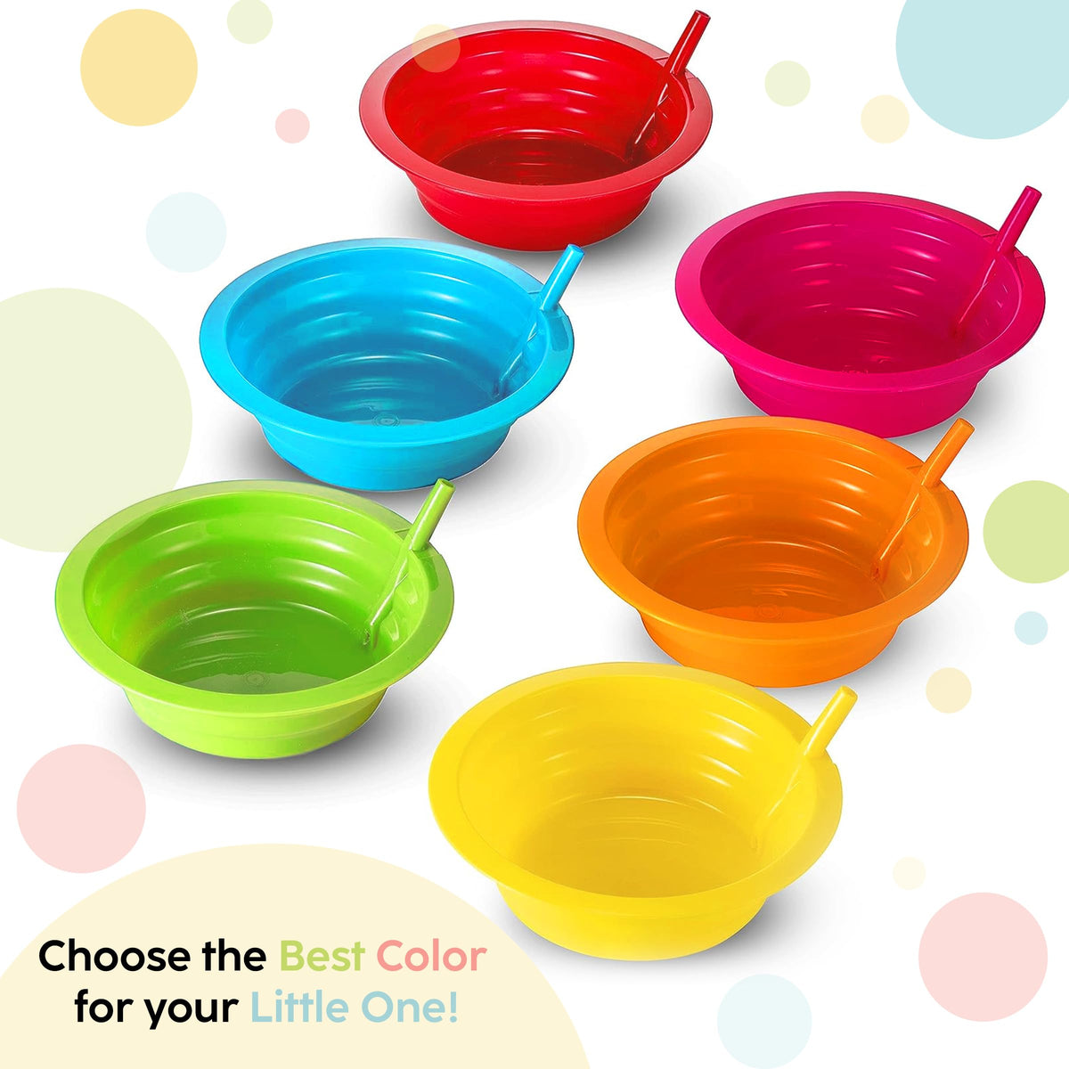 PLASKIDY - Juego de 6 cuencos de plástico con pajita para niños sin BPA, apto para lavaplatos y microondas, cuencos de 22 onzas con pajitas integradas, incluye 3 cepillos de limpieza