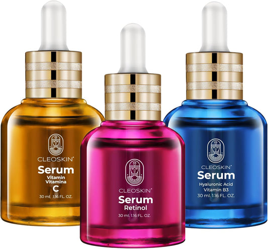 CLEOSKIN Kit 3 sueros faciales, Serum Vitamina C (ácido ascórbico), Serum Ácido Hialurónico con Niacinamida y Serum retinol (Vitamina A). Para el cuidado de la piel
