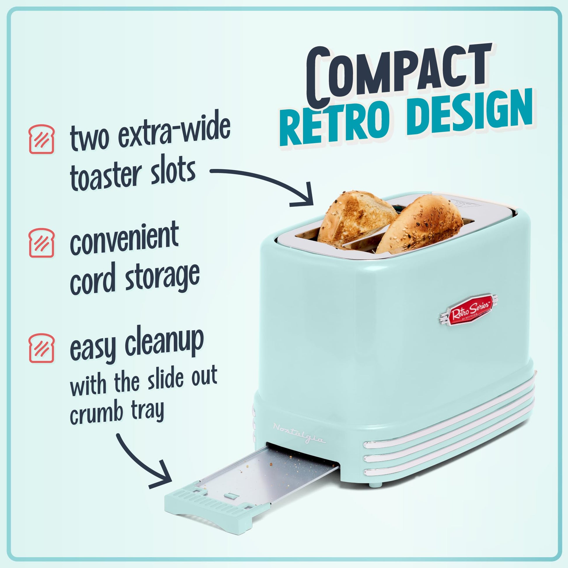 Nostalgia - tostador ancha de 2 rebanadas perfecta para pan, magdalenas inglesas, bagels, 5 niveles de dorado, con bandeja para migas y almacenamiento de cables, color aguamarina