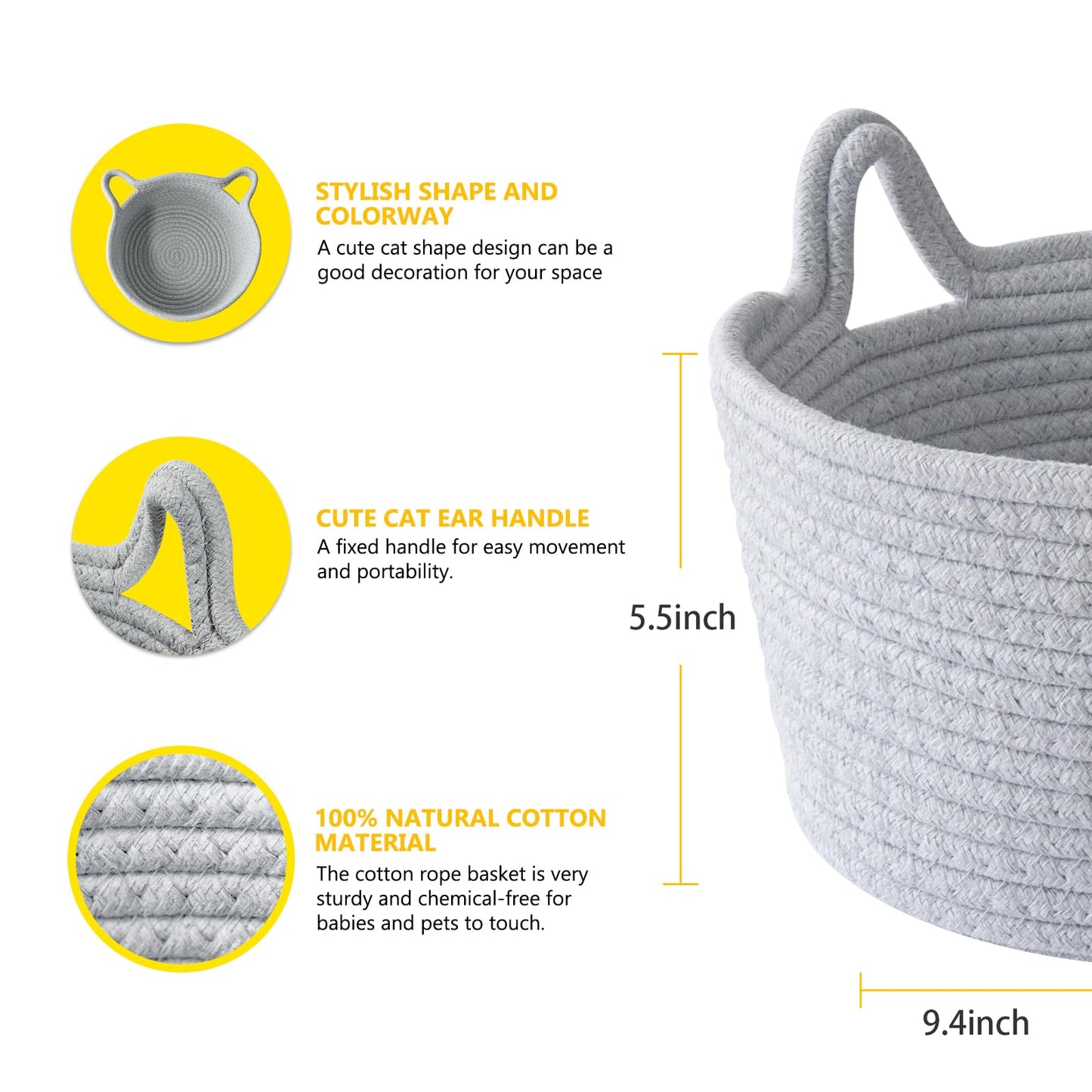 Cafshion - Organizador de juguetes para orejas de gato pequeñas, cesta de cuerda de algodón tejida, contenedores decorativos para guardería y cajas, cesta de regalo vacía para almacenamiento de