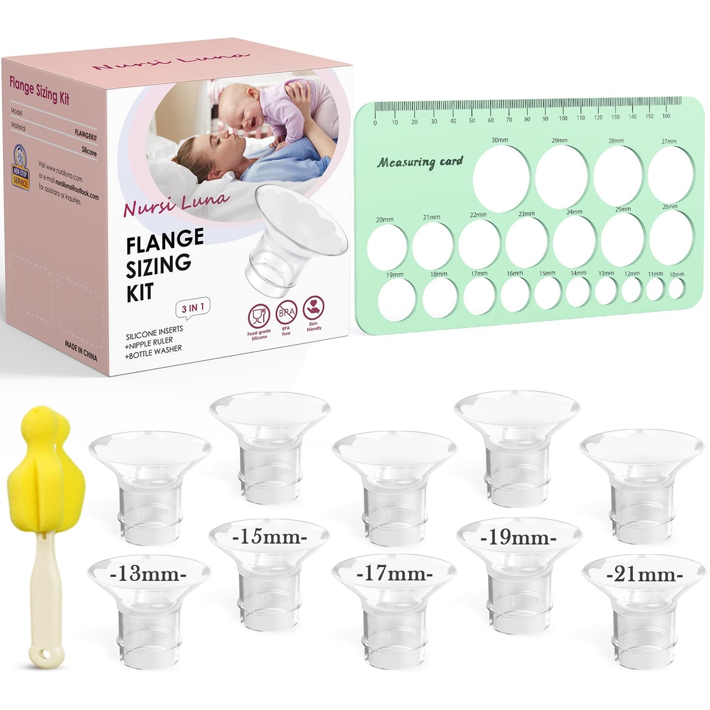 Nursi Luna - Kit de tamaño de brida 3 en 1 con 10 insertos de brida de 13/15/17/19/21 mm, kit de inserción de bridas de silicona para brida o escudo de 24 mm, kit esencial de bombeo para madres