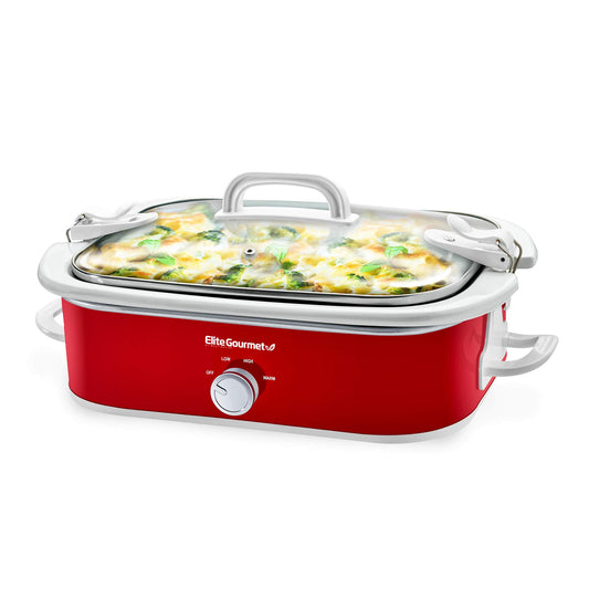Elite Gourmet MST-5240 Slow Cooker, Locking, Adjustable Temp, Keep Warm Dishwasher-Safe Glass Lid & Casserole Dish, 3.5QtCapacity, 3.5Qt Capacity, Red