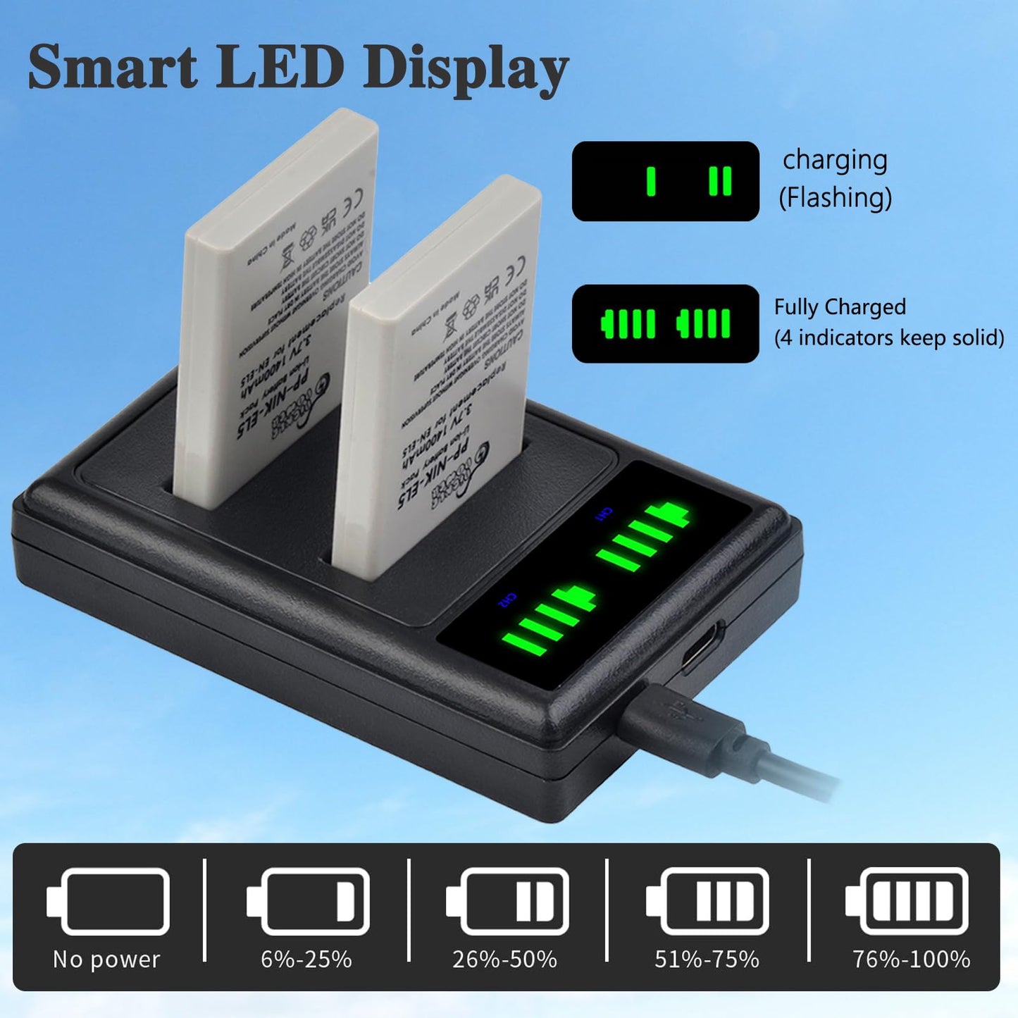 Batería Dual Pickle Power EN-EL5 y Cargador LED para Nikon CoolPix Negra Cámara
