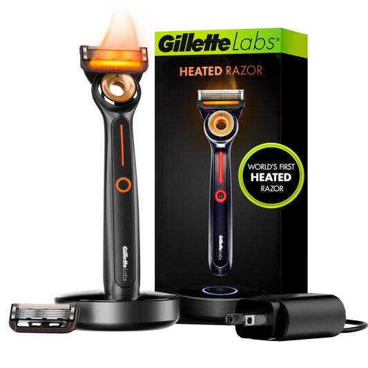 Gillette Labs - Kit de iniciación de maquinilla de afeitar con calefacción, 1 asa, 2 recambios de cuchilla, 1 base de carga, negro y plata, juego de 4 piezas