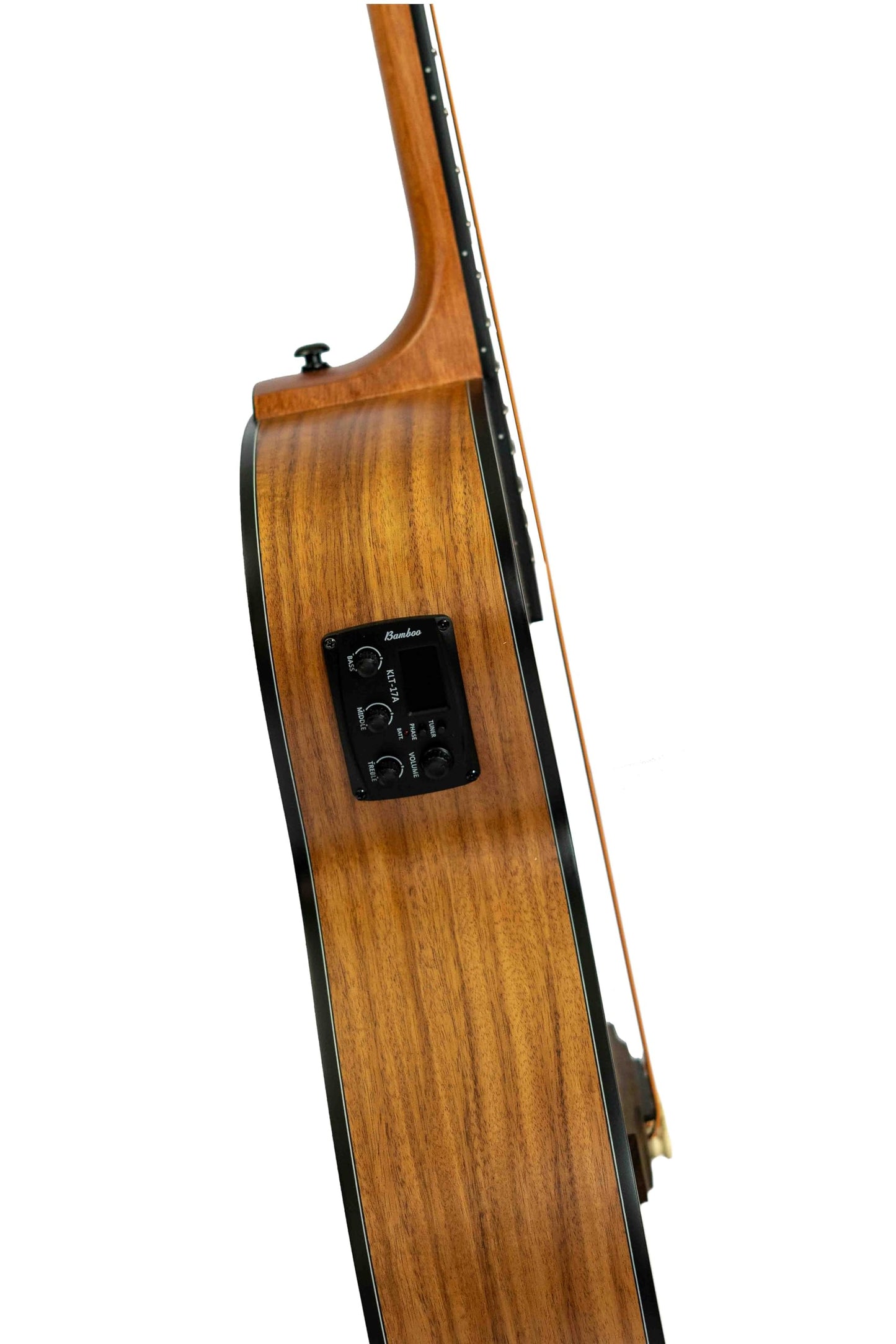 BAMBOO, Bajo Electroacústico Koa, Escala Larga con funda acolchada y ecualizador de 3 bandas, control de volumen y afinador cromático. Tapa, aros y fondo de Koa.