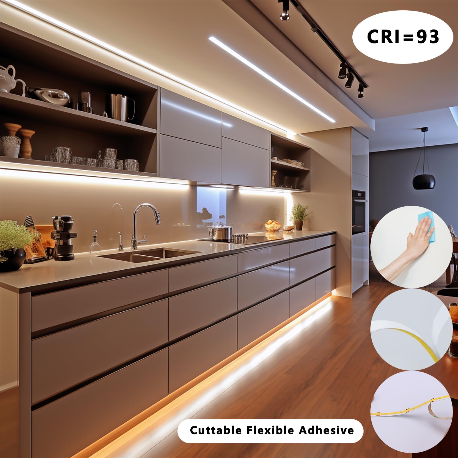 BENLUN 12V Tira LED COB Bajo Mueble Cocina Kit 10 Metri, Luz LED 3000K Blanco Cálido, Luces LED Adhesivas Recortable, con Dimmer y Fuente de Alimentación para Vitrina, Armario, Estanteria