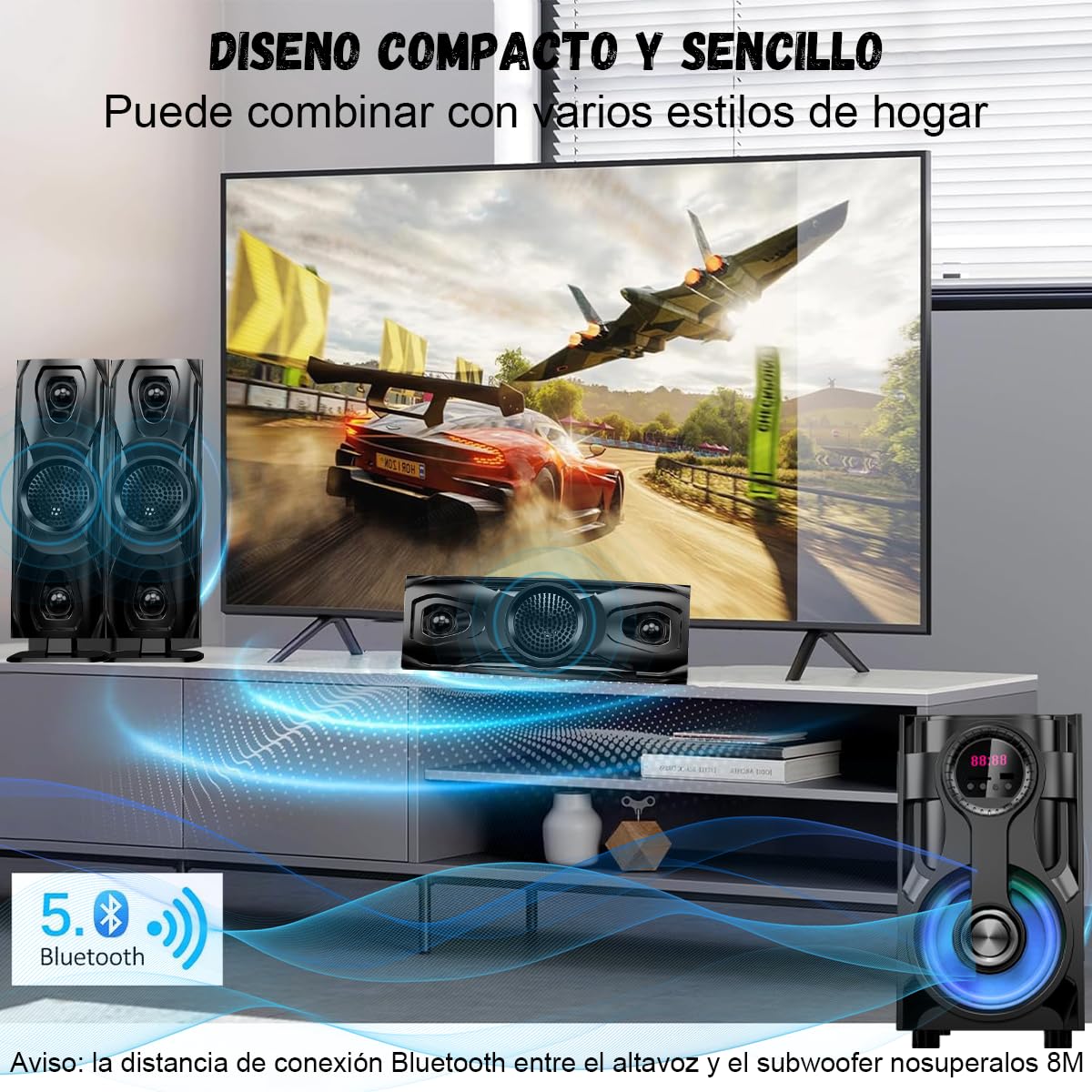 D&M Y14 Sonido Teatro en casa,con Subwoofer - Sistema de Sonido Envolvente 3 en 1 Separado,para TV Juegos de PC HD-ARC/BT 5.4/óptica/AUX/USB Conexión 5 Modos EQ Graves Profundos