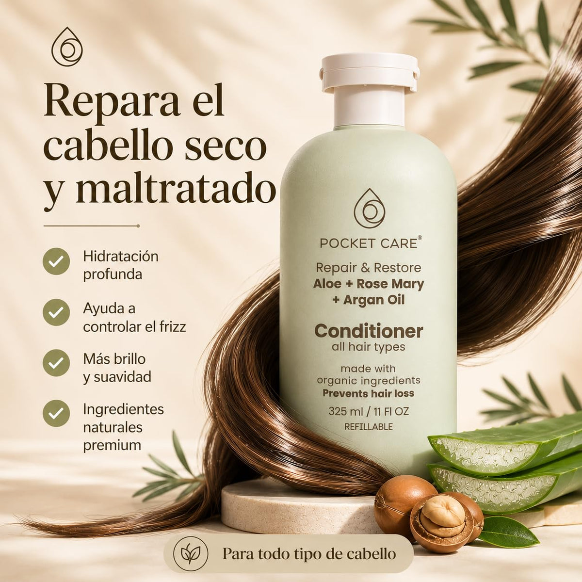 Pocket Care Acondicionador Reparador para Cabello Seco y Maltratado con Aceite de Argán, Sábila, Romero, Manteca de Karité y Cacao | Anti Frizz, Brillo y Suavidad | 325 ml(Acondicionador, Aloe vera)
