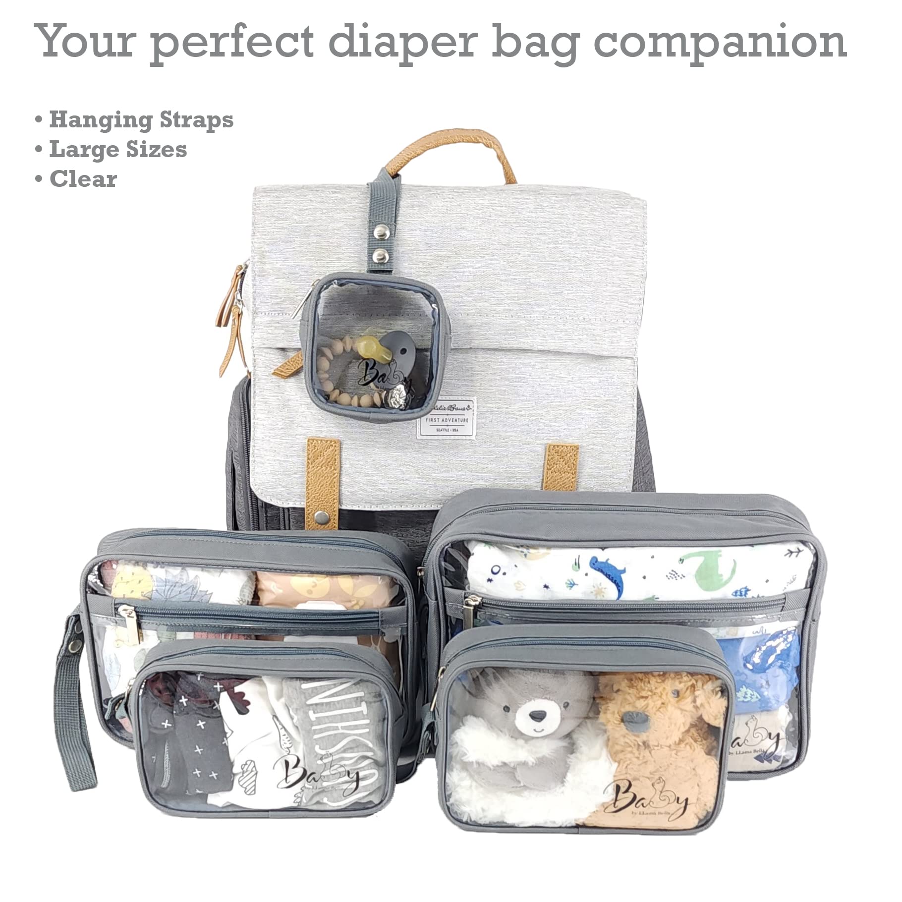 Llama Bella - Juego de 5 bolsas organizadoras para pañales, transparente con correas y estuche para chupete