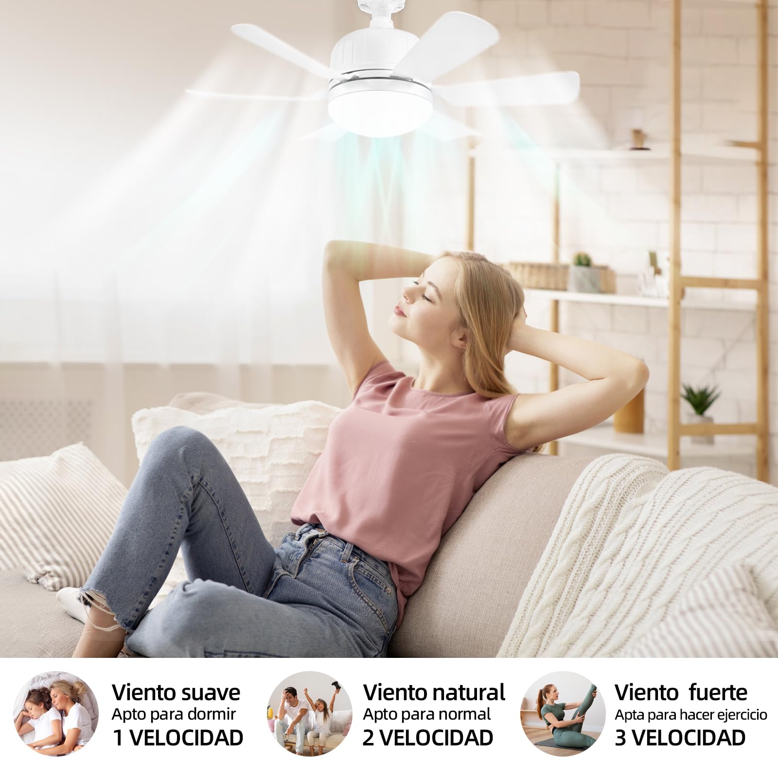 Ventilador de Techo con Luz Blanco Control Remoto Brillo Regulable 3000K-6500K 40W Tres Velocidades