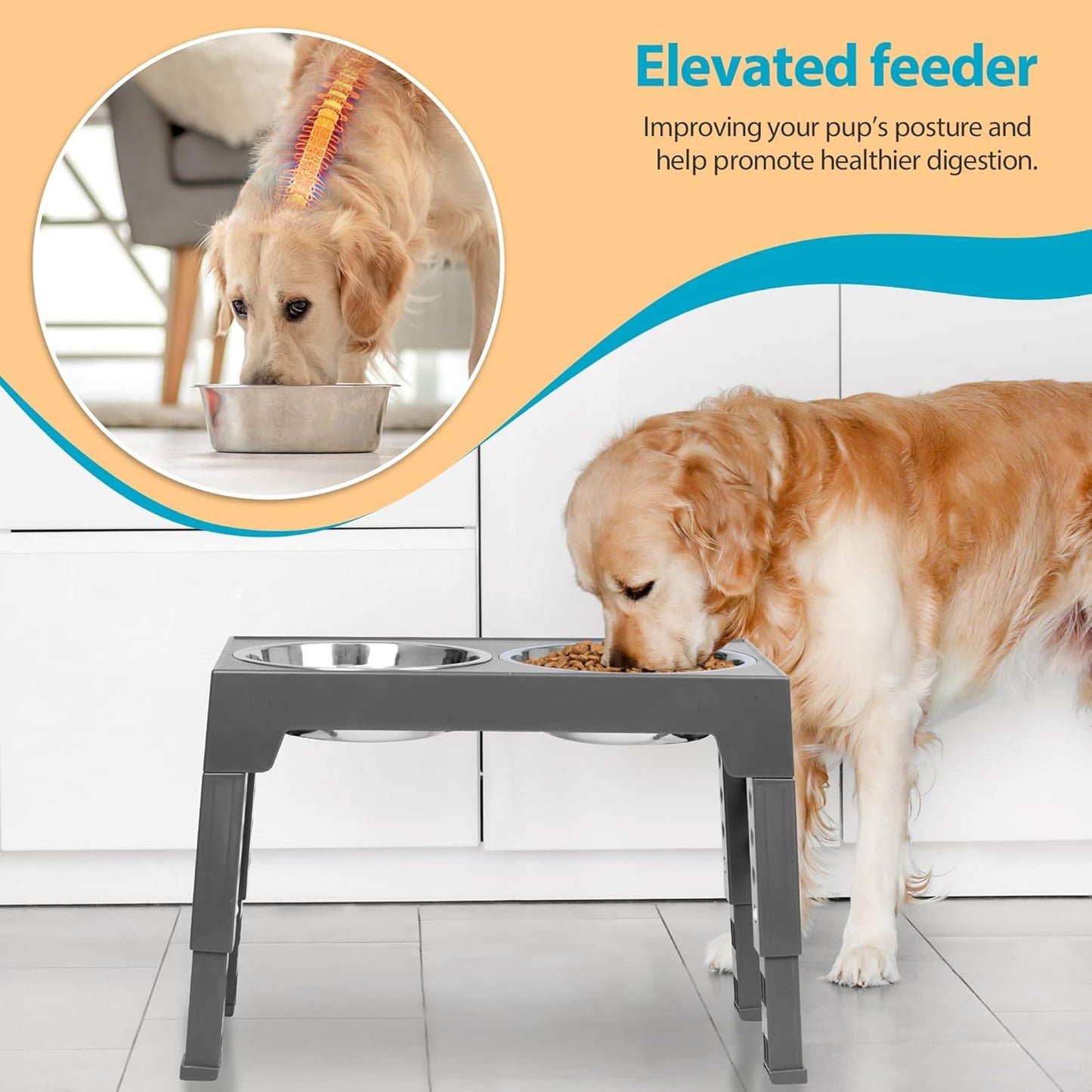 Niubya - Cuencos elevados para Perros con 2 Cuencos de Acero Inoxidable, tazón Elevado para Perros Que se Ajusta a 5 Alturas (3.1 Pulgadas, 8.6 Pulgadas, 9.7 Pulgadas, 11.0 Pulgadas, 12.2 Pulgadas)