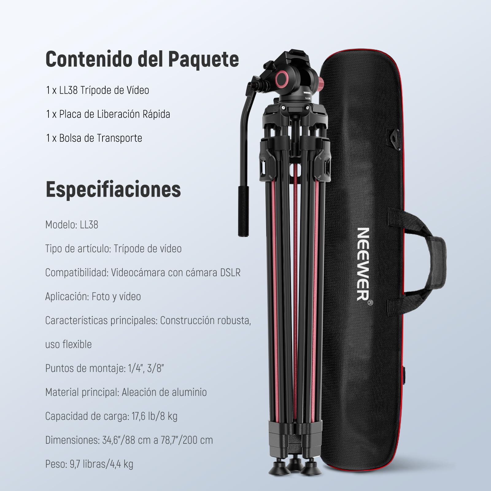 Trípode para Cámara NEEWER Aluminio Resistente con Cabezal Fluido y Placa QR Compatible Canon Nikon Sony 79"