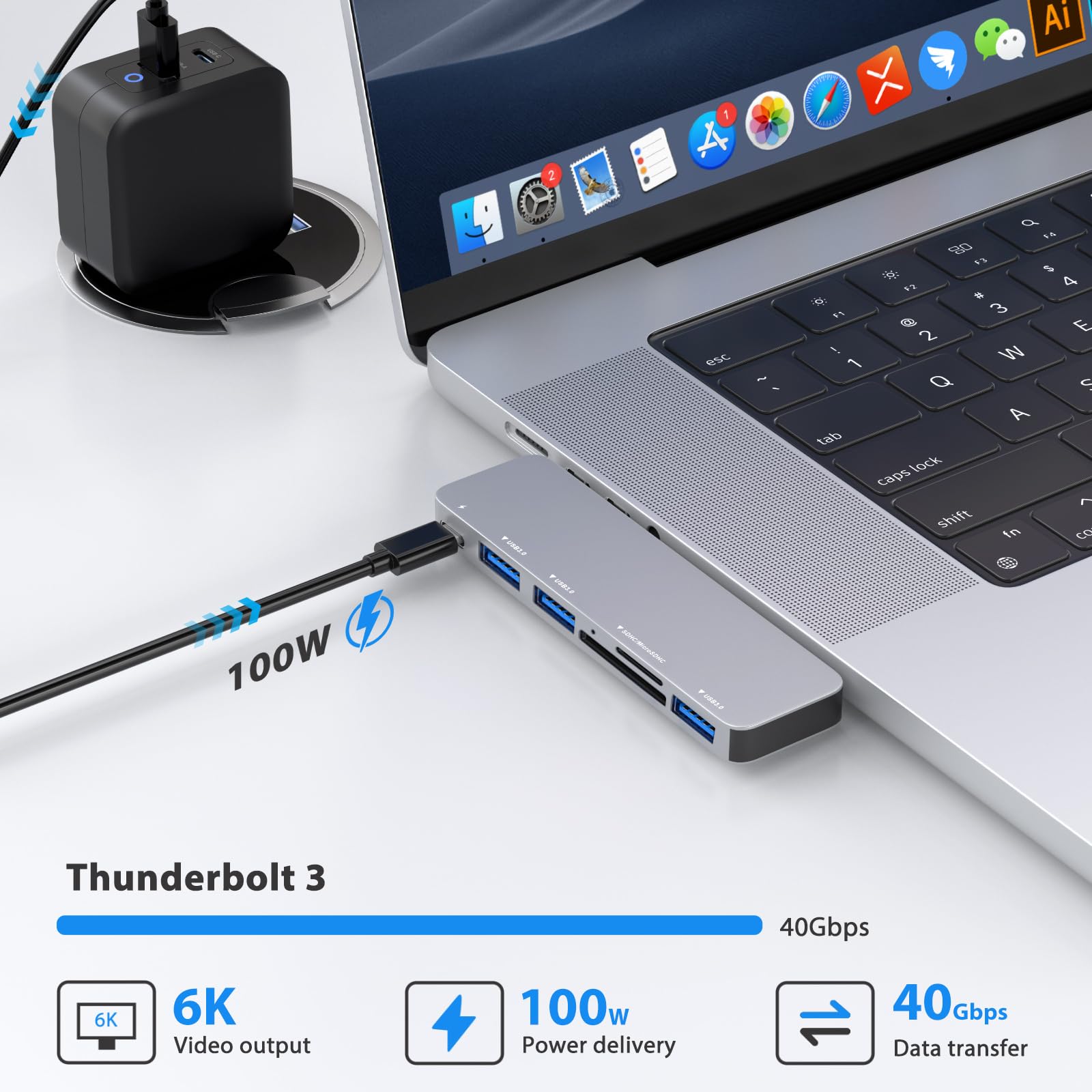 Hertekdo Hub USB C, 6en1 Tipo C Hub Adaptador Multipuerto USB C, 3 USB3.0, Multifuncional Tipo C, Lector Tarjeta SD/TF, USB C Hub Compatible con MacBook, MacBook Pro, MacBook Air, Plug-and-Play