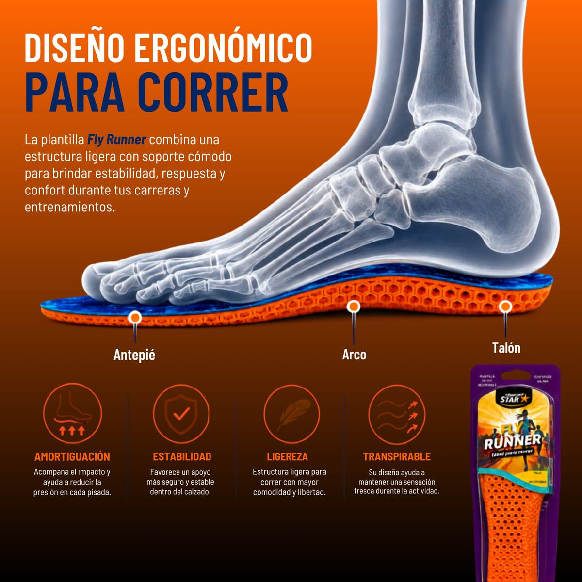 Plantilla Fly Runner Comfort Star Azul Ultraligero con absorción de impactos Tecnología de tracción para Mujeres y Hombres
