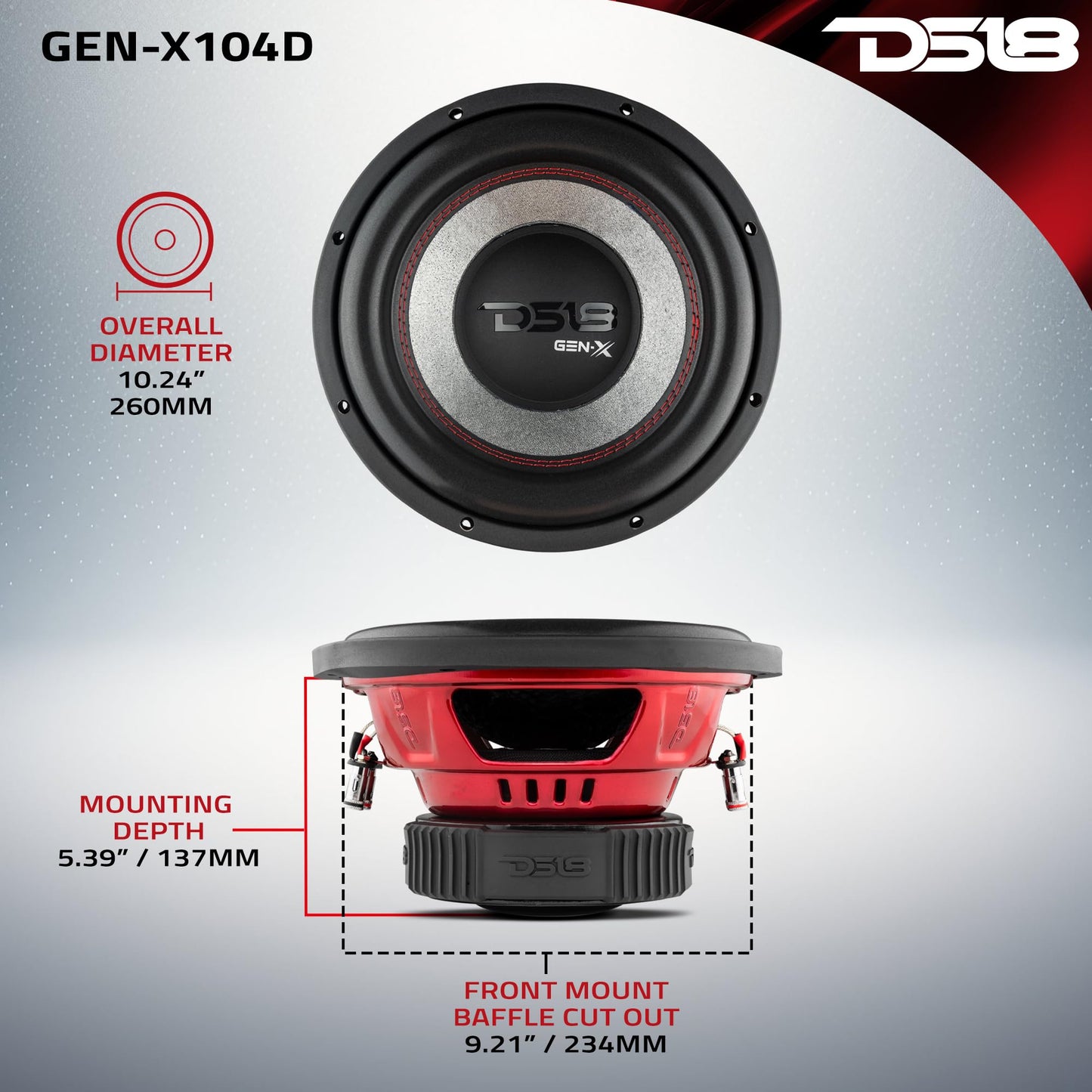 DS18 GEN-X104D Subwoofer in Black - 4 Layer Black Aluminum Voice Coil, 10", 800W MAX Power, 400W RMS, Dual 4 Ohms, DVC - Powerful Car Audio Bass Speaker (1 Speaker)