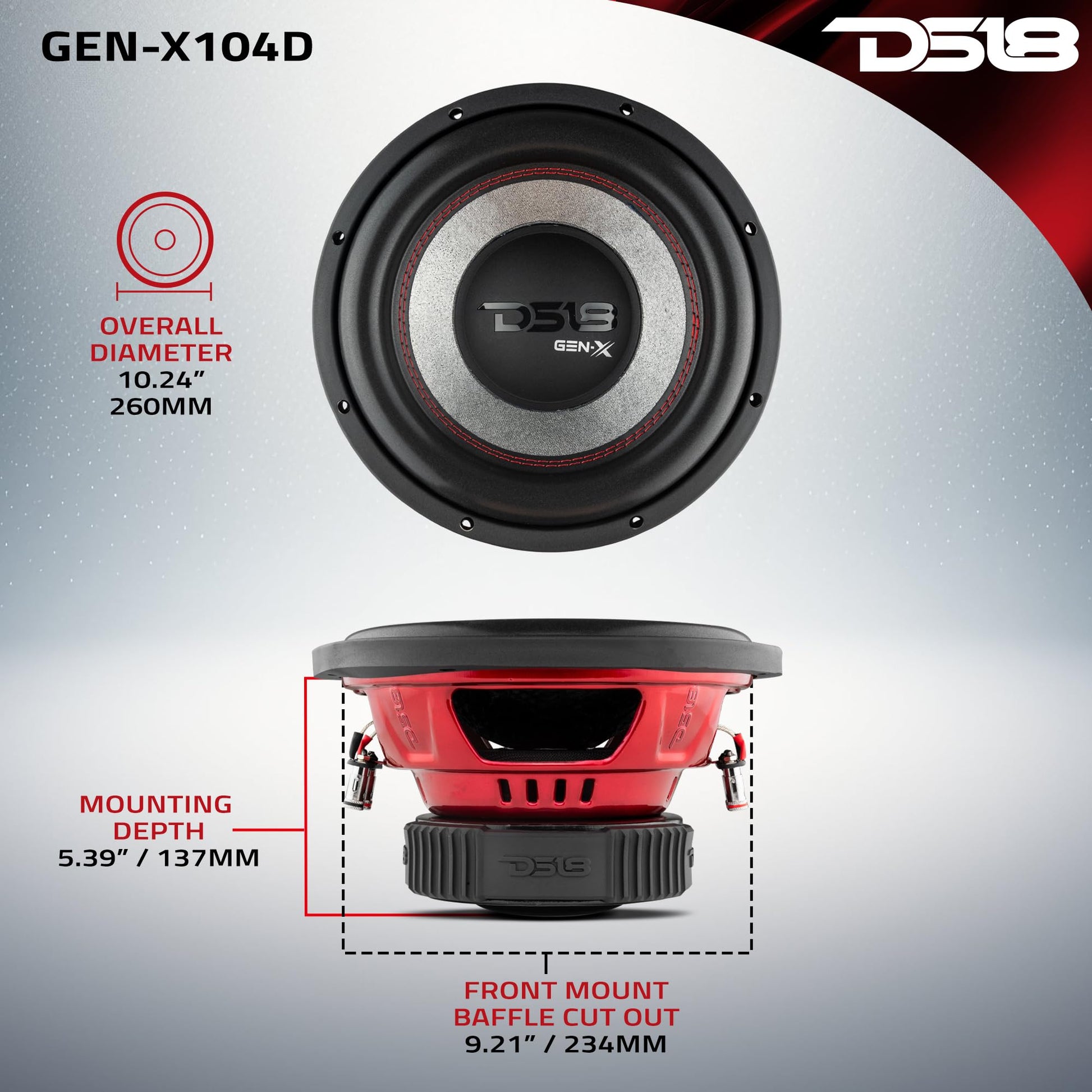 DS18 GEN-X104D Subwoofer in Black - 4 Layer Black Aluminum Voice Coil, 10", 800W MAX Power, 400W RMS, Dual 4 Ohms, DVC - Powerful Car Audio Bass Speaker (1 Speaker)