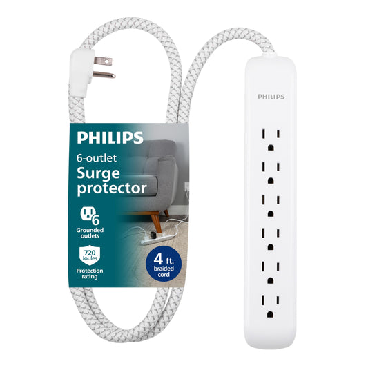 Philips SPC3064WE/37 - Tira de alimentación de 6 tomas, cable de alimentación trenzado de diseño, cable de extensión de enchufe plano, perfecto para decoración de oficina o hogar, 720 julios, listado ETL, blanco, SPC3064WE/37