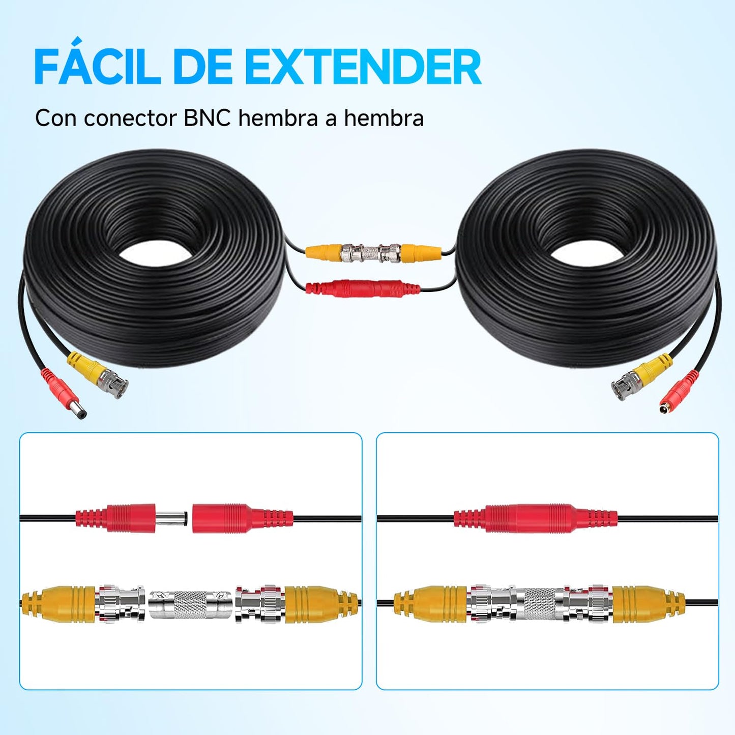 Paquete de 4 cables de alimentación de video BNC de 30 m / 100 pies todo en uno, cables de extensión para cámara de vigilancia BNC para sistemas de cámara CCTV DVR (8 conectores BNC, 100 clips de