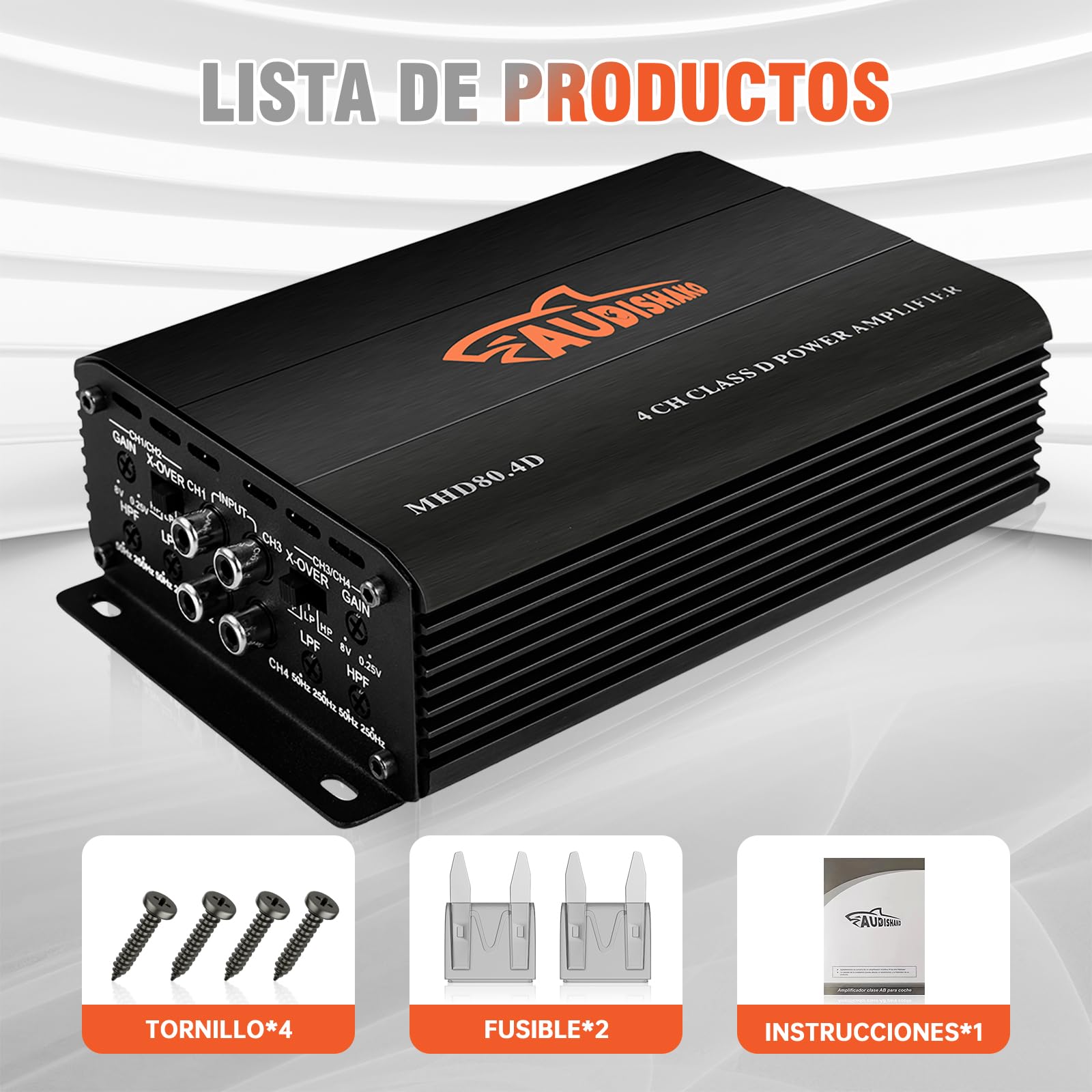 AUDISHAKO 1200W Amplificador de Audio de 4 Canales,Amplificador para Auto de Clase D, 2 Ohm 160W x 4 Canales para Motocicletas, Coches Deportivos y Otros Sistemas de Audio para Coche