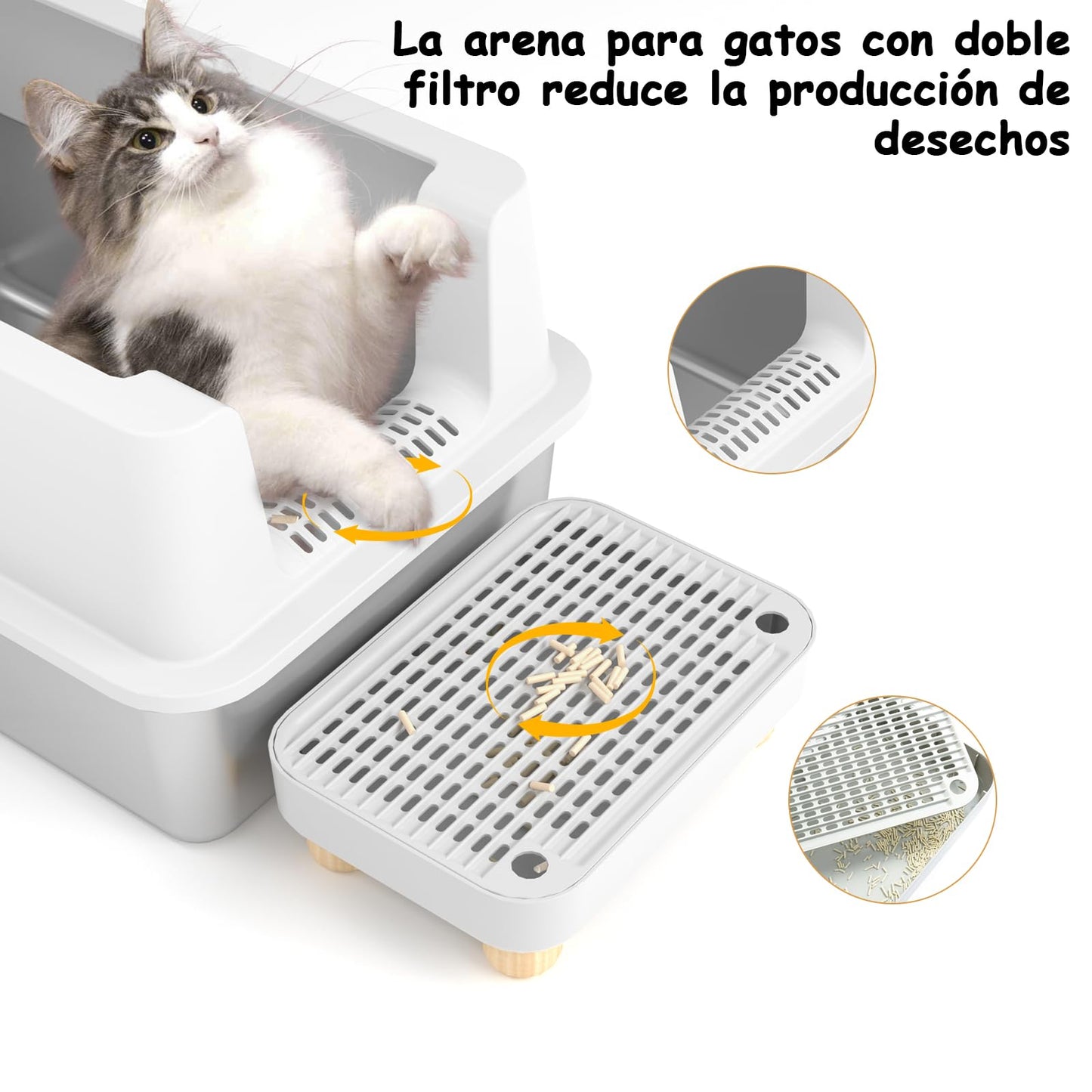 Arenero para Gato Acero Inoxidable, Caja de Arena con Tapa Arenero Grande para Gato Para gatos grandes, Caja de arena autolimpiable con pala y filtro antifugas, Prueba de olores y fácil de limpiar