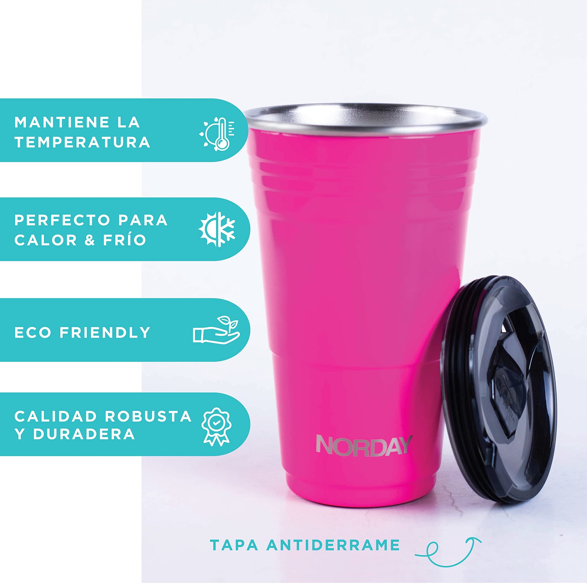 Termo Acero Inoxidable NORDAY Rosa con Tapa Antiderrame y Doble Pared Reutilizable 16oz 480ml
