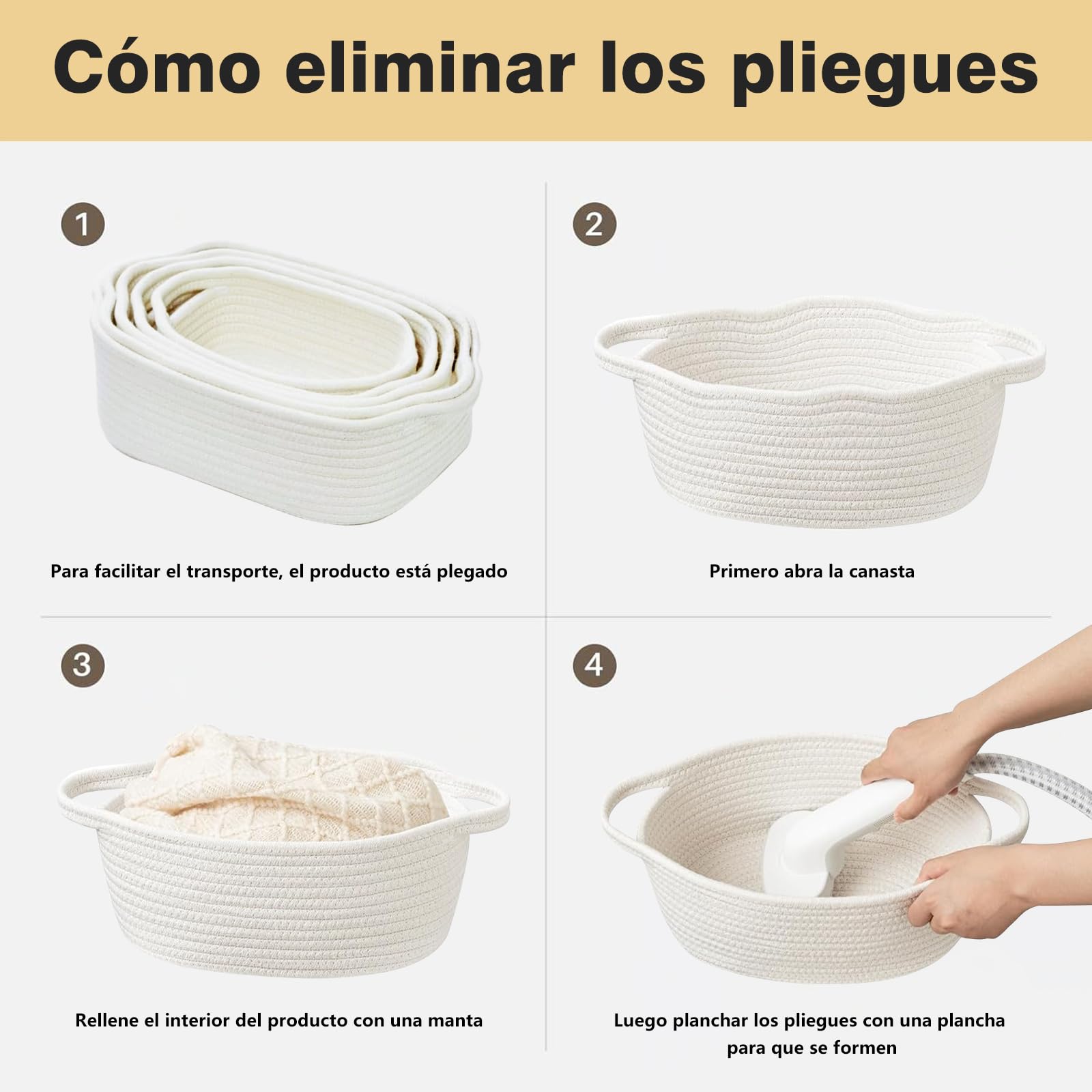 NUIO 5 Piezas Canastas Organizadoras Rectangulares de Algodón Natural con Asas, Caja Cestas de Almacenamiento,Ideal para Baño, Juguetes Infantiles, Clóset, Maquillaje y Organización del Baño (blanco)