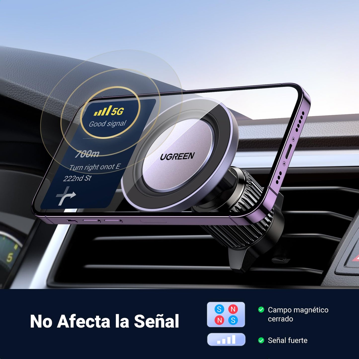 Soporte Celular UGREEN Negro Magnético para Automóvil con Gancho para iPhone 16 15 14 13 y Otros Modelos