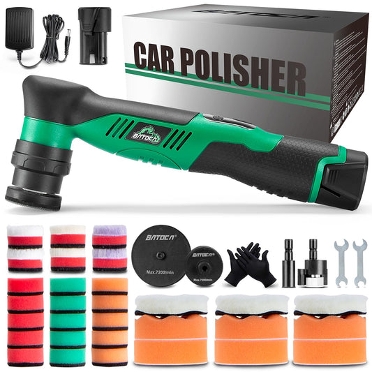 BATOCA S5 - Mini pulidora inalámbrica para coche, doble acción y mini máquina de pulir rotativa, 1 batería de 12 V 2 A con kit de almohadillas para orejas de pulido de 1 pulgada 3 pulgadas para coche