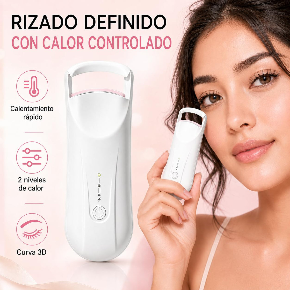 Rizador de Pestañas Eléctrico, Enchinador Térmico Recargable USB-C con 2 Niveles de Temperatura 65°C/85°C, Calentamiento Rápido y Curva 3D, Mini Rizador Portátil para Maquillaje