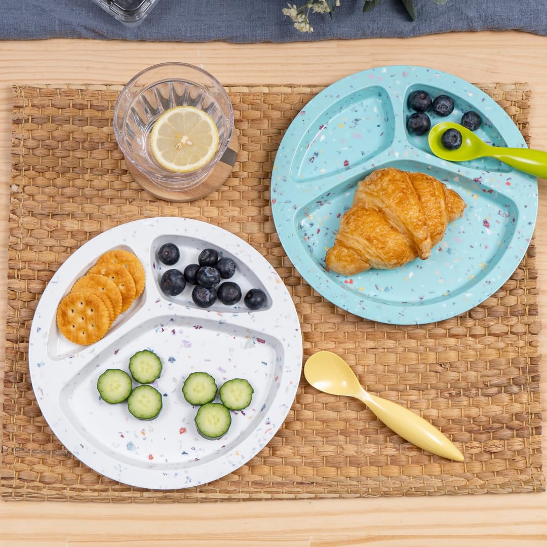 bzyoo Platos divididos de melamina de 9 pulgadas, placas de control de porciones de 3 secciones, seguros para alimentos, duraderos, ligeros e irrompibles, vajilla reutilizable para niños, niños