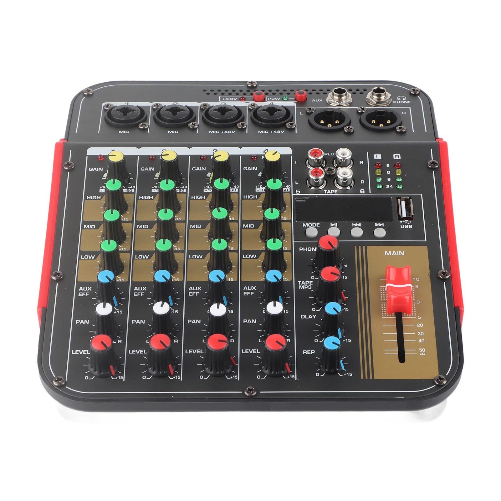 Mesa de Mezcla YYQTGG Metal 4 Canales Profesional con Controlador de Volumen MP3 y Ecualizador 3 Bandas