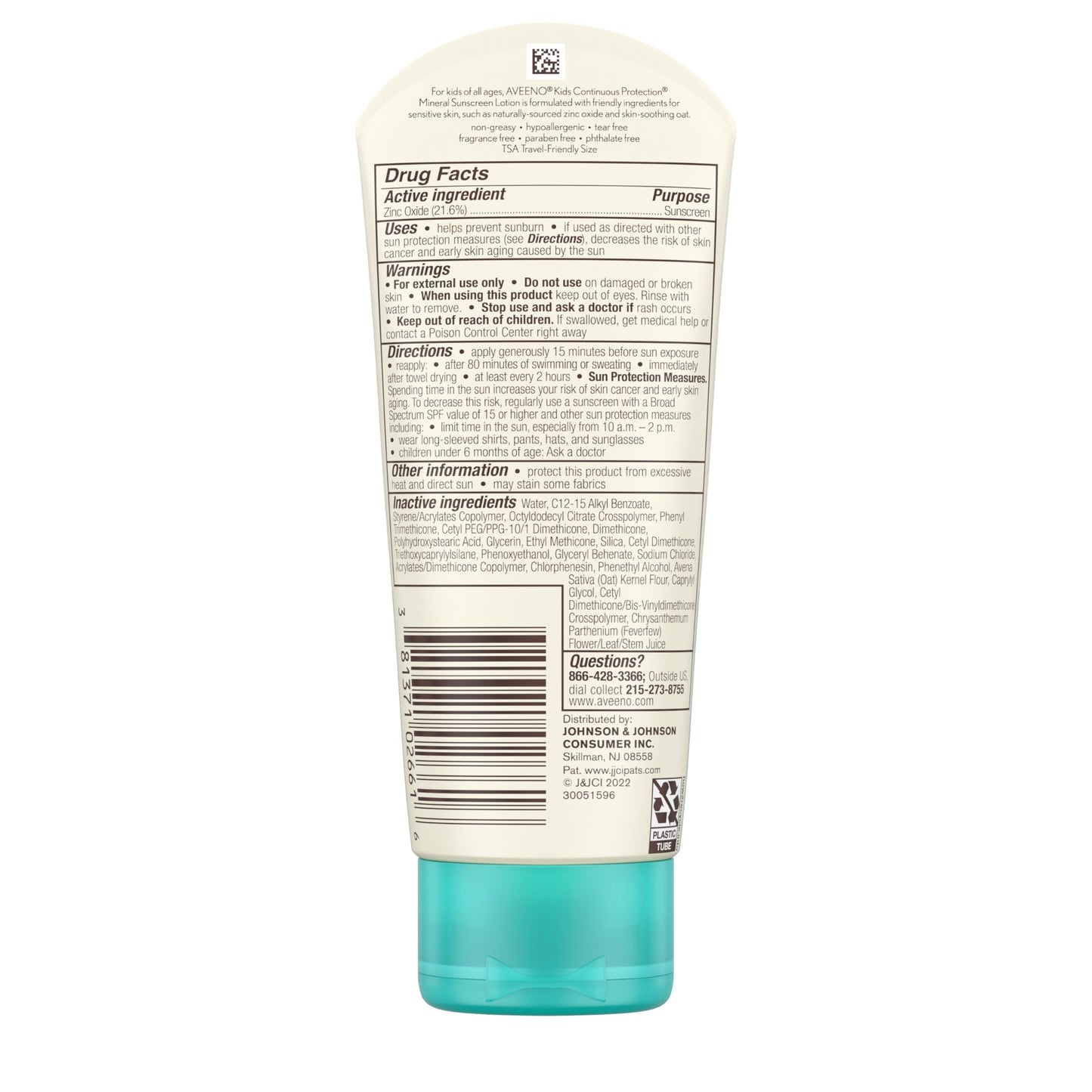 Aveeno Kids Continuous Protection Zinc Oxide Mineral Sunscreen Lotion for Children's Sensitive Skin with Broad Spectrum SPF 50, Tear-Free, Sweat- & Water-Resistant, 3 fl. oz