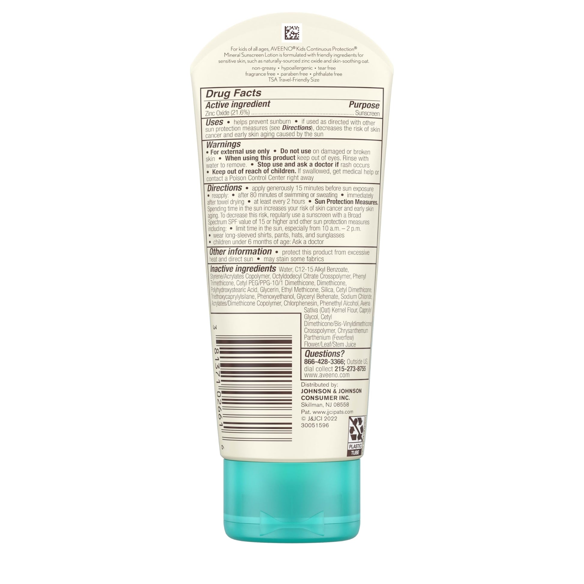 Aveeno Kids Continuous Protection Zinc Oxide Mineral Sunscreen Lotion for Children's Sensitive Skin with Broad Spectrum SPF 50, Tear-Free, Sweat- & Water-Resistant, 3 fl. oz