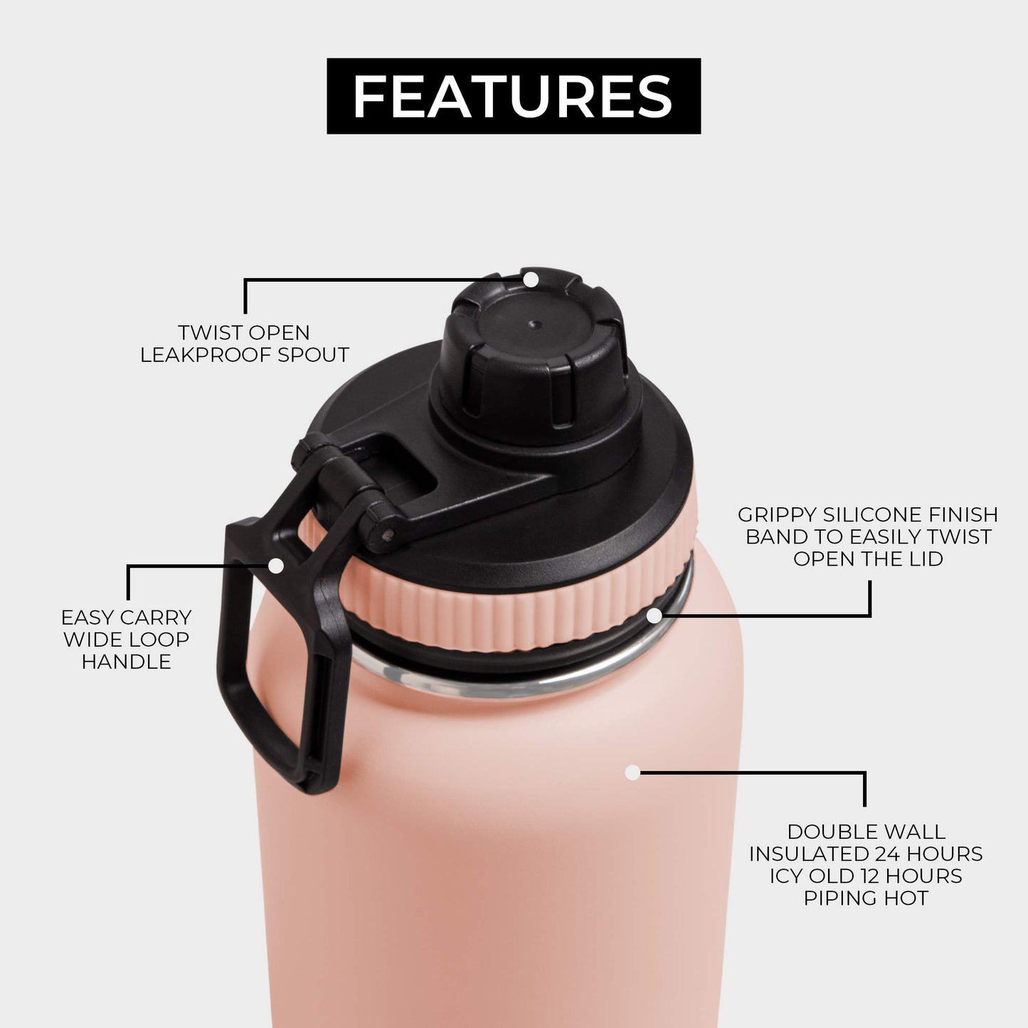 BOZ Botella de agua de acero inoxidable, termo de acero inoxidable 1 litro XL (1 L / 34 oz) boca ancha, sin BPA, aislamiento de doble pared al vacío (Rosa Blush)