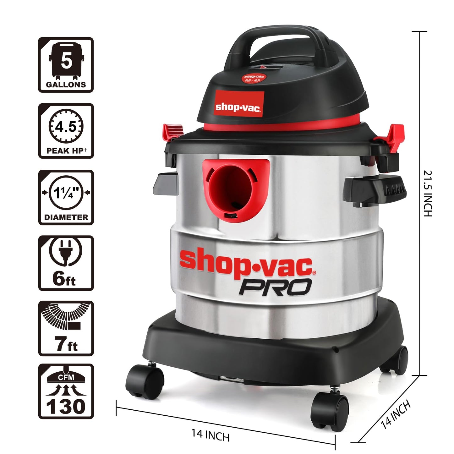 Aspiradora Húmeda y Seca Shop-Vac Acero Inoxidable 5 Galones Portátil para Taller y Cochera
