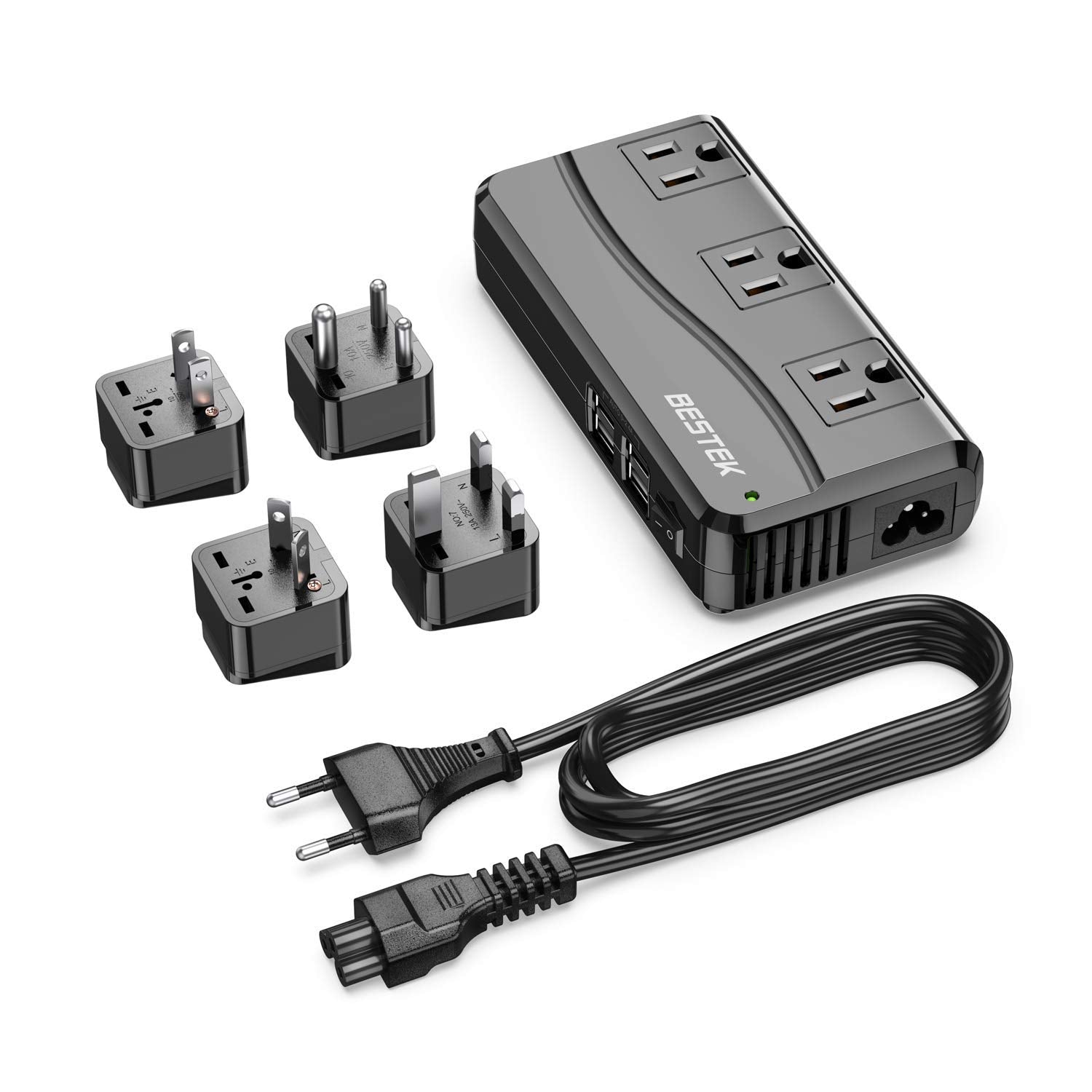 BESTEK - Adaptador universal de viaje de 100 a 220 V a 110 V, convertidor de voltaje de 250 W con carga USB de 6 A, 4 puertos, 3 enchufes de CA y adaptador de enchufe EU/UK/AU/US/India en todo el