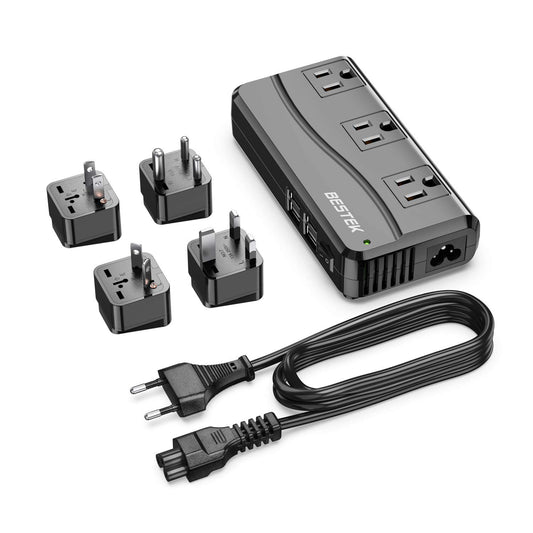 BESTEK - Adaptador universal de viaje de 100 a 220 V a 110 V, convertidor de voltaje de 250 W con carga USB de 6 A, 4 puertos, 3 enchufes de CA y adaptador de enchufe EU/UK/AU/US/India en todo el