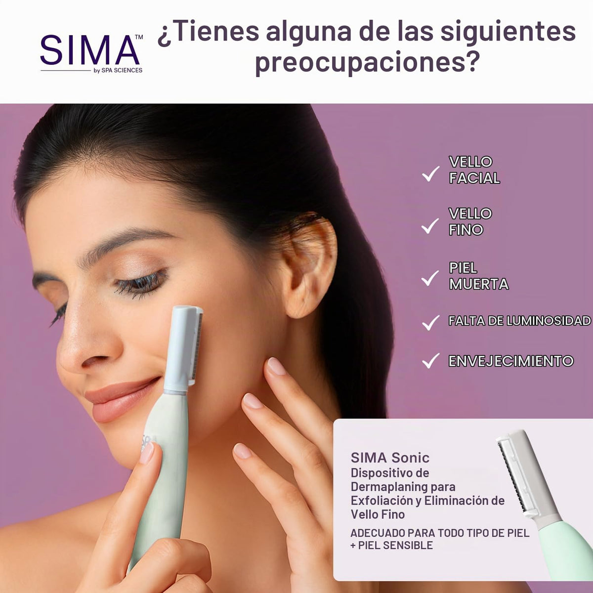 Spa Sciences SIMA Sonic Dermaplaning Tool-Profesional e indoloro 2 en 1 Exfoliación facial y sistema de depilación de melocotón con 7 semanas de tratamiento incluido|Anti-envejecimiento | 3 velocidades|Recargable
