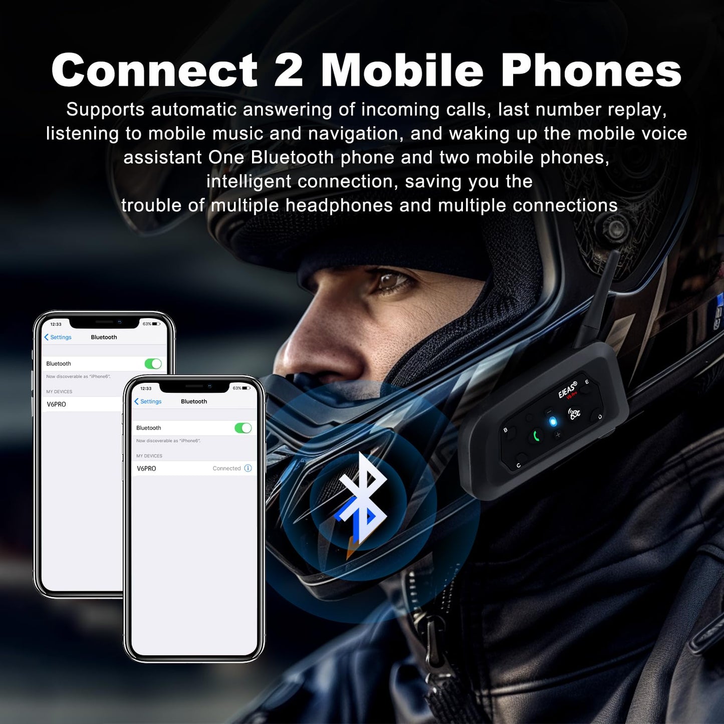 EJEAS V6 Pro Motocicleta Auricular Bluetooth, 2 Riders Intercom Casco Sistema de Comunicación con Auto-contestar la Llamada y la reducción de Ruido para el Motociclismo Esquí y Escalada (1 Pack)