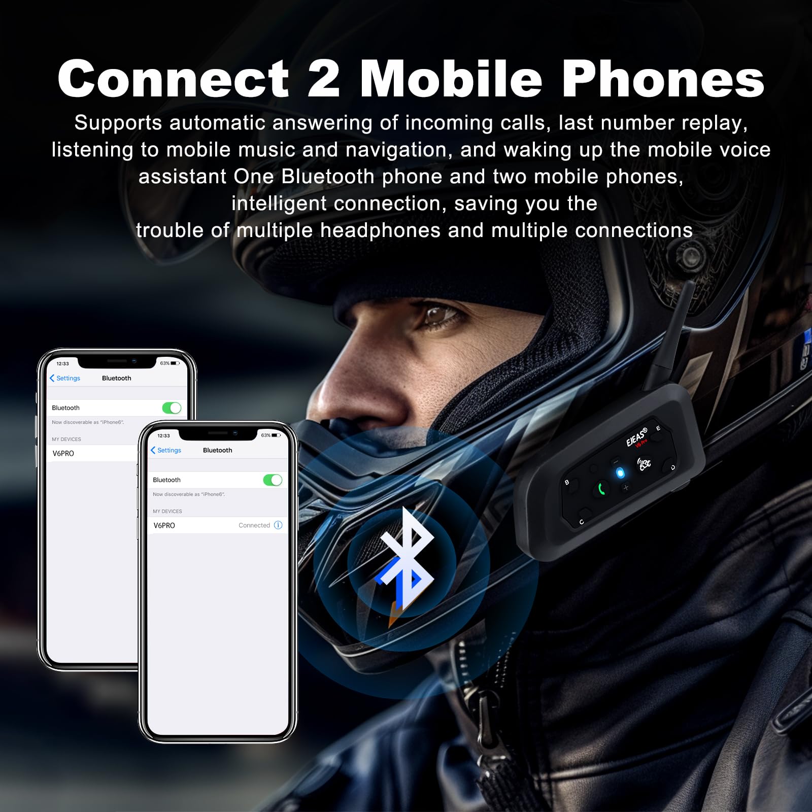 EJEAS V6 Pro Motocicleta Auricular Bluetooth, 2 Riders Intercom Casco Sistema de Comunicación con Auto-contestar la Llamada y la reducción de Ruido para el Motociclismo Esquí y Escalada (1 Pack)