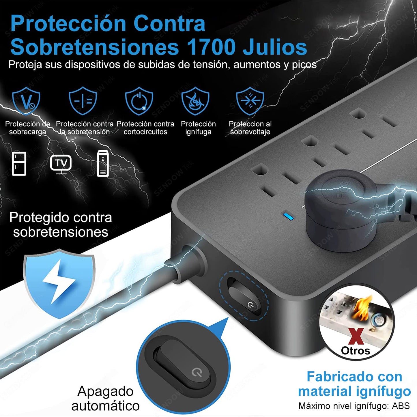 Sendowtek Multicontacto USB Regleta de Alimentación Regleta Enchufes USB con Cable de Extensión de 4Ft/1.2M Conector Multiple con 8 Tomas, 3 Puertos USB A y 1 Puerto Tipo-C, para Hogar y Oficina