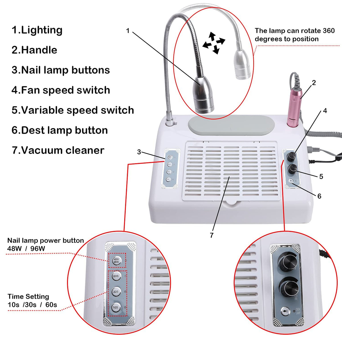 Máquina de Arte de Uñas Multifuncional Eléctrica con Taladro, Colector de Polvo, Lámpara de Secado UV de 48 W/96 W y Lámpara de Escritorio LED