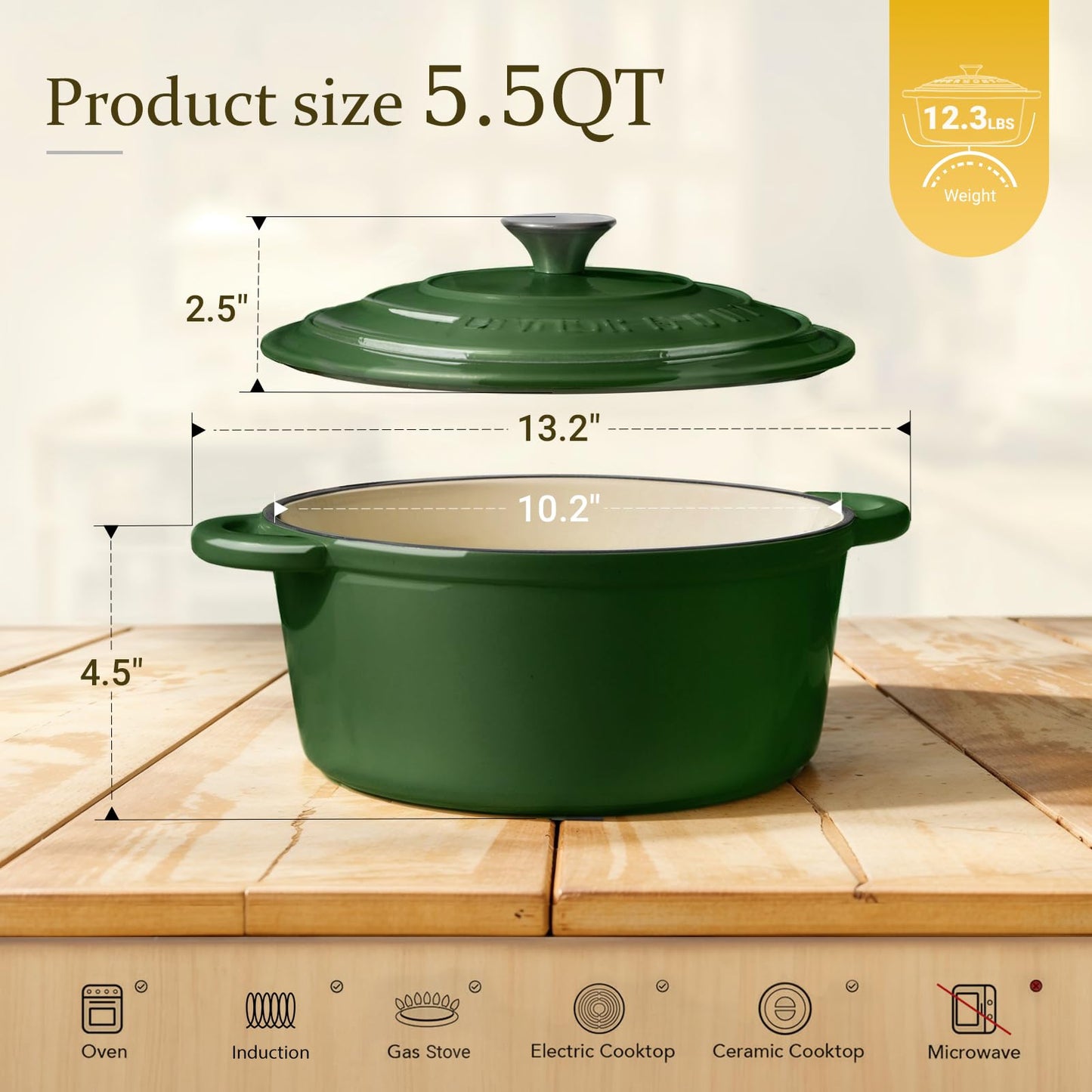 Overmont - Horno holandés de hierro fundido esmaltado, olla de 5.5 cuartos con tapa, libro de cocina y agarraderas de algodón, utensilios de cocina resistentes para estofar, guisos, asar, hornear pan