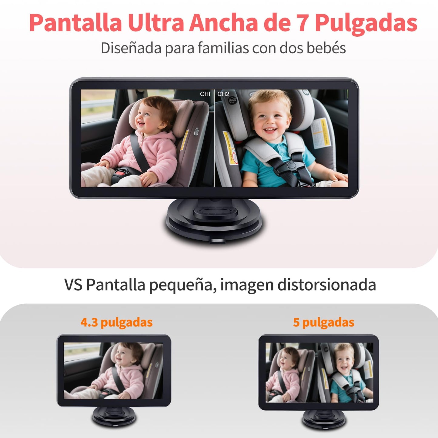 Muja Cámara Coche Bebé Asiento Trasero, Pantalla HD de 7 Pulgadas 1080p, El Coche con 2 Cámaras Giratorias de 360°, Lente Gran Angular de 150°, Visión Nocturna, Garantizar la Seguridad del Bebé