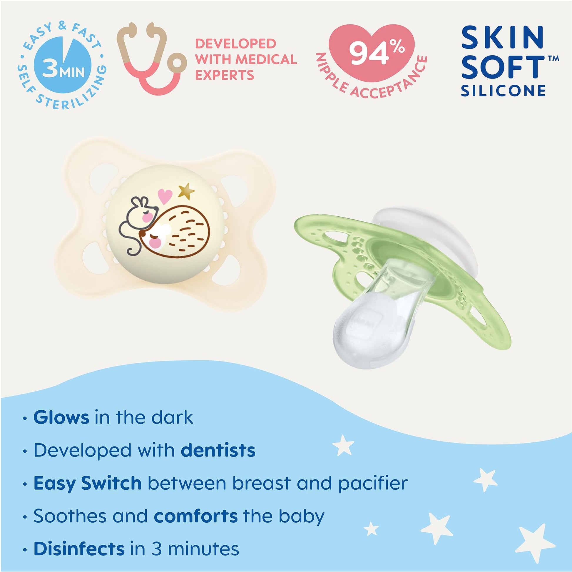 MAM Glow In the Dark Pacifiers, Baby Pacifier 0-6 Months, Best Pacifier for Breastfed Babies, 'Night' Design Collection, Unisex, 2-Count