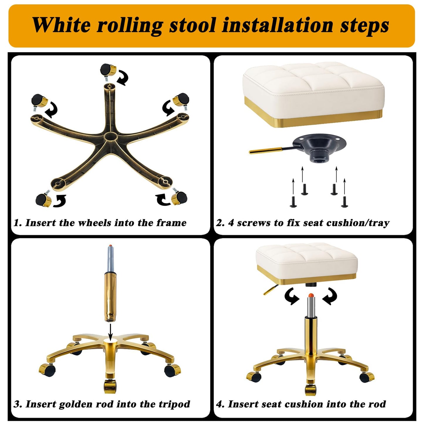 CQAEBK - Taburete giratorio cuadrado dorado ajustable con ruedas, con pestañas de cambiador, silla de rodillo de spa, masaje estético, taburete de pedicura, marco chapado en oro resistente (blanco)
