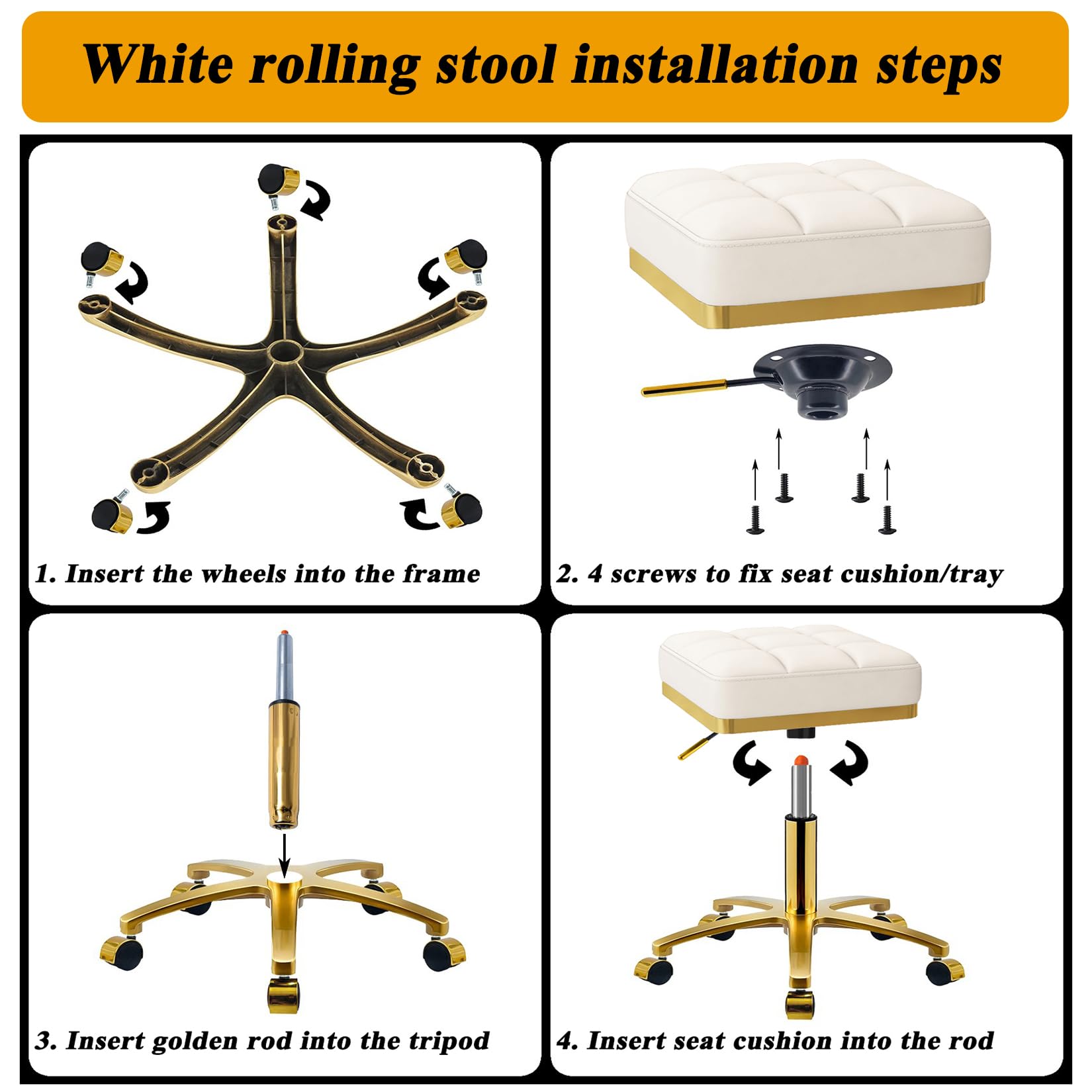 CQAEBK - Taburete giratorio cuadrado dorado ajustable con ruedas, con pestañas de cambiador, silla de rodillo de spa, masaje estético, taburete de pedicura, marco chapado en oro resistente (blanco)